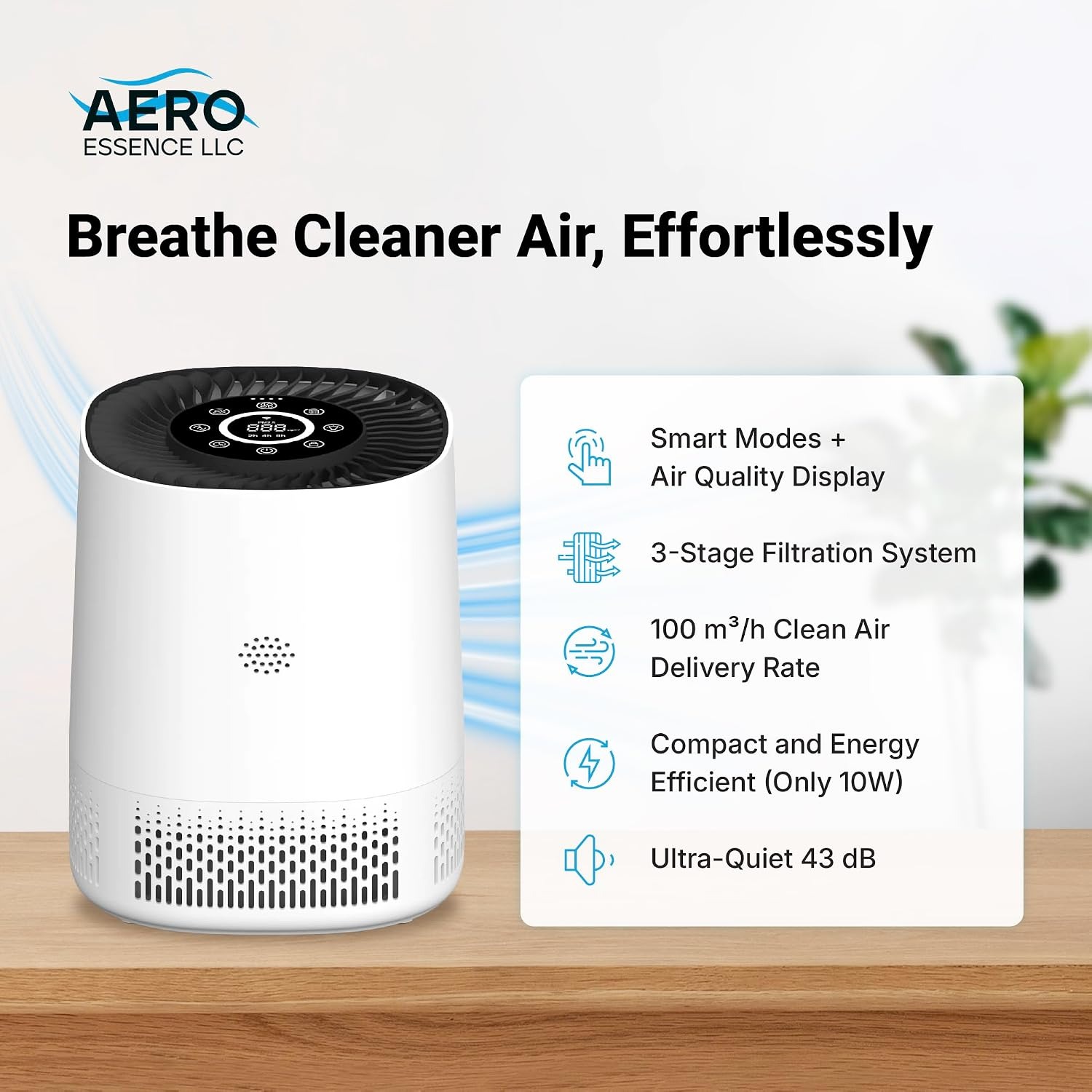 Aero Essence SR100 HEPA air purifier feature highlights — quiet 43 dB operation, Particle Count Meter, 3-stage filtration