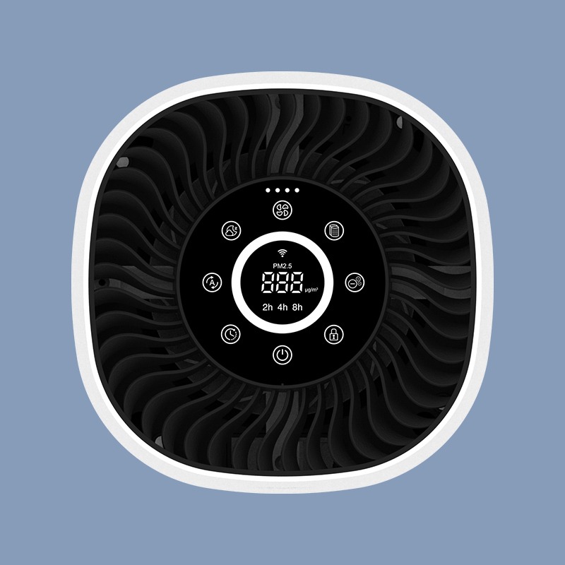 Close-up of the SR100 Particle Count Meter air quality display showing live particulate readings